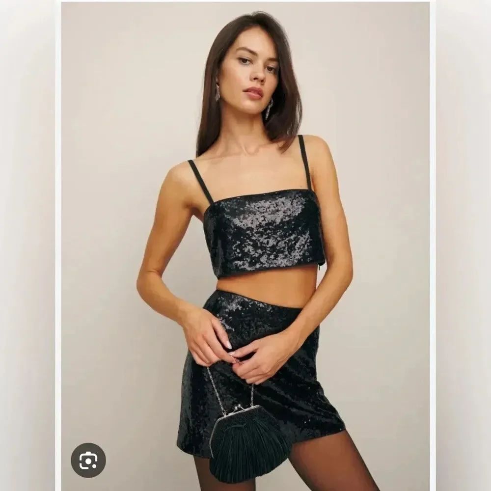 New Reformation Dream Two Piece Black Sequin Set Size 6